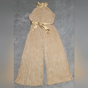 SHEIN Metallic Gold Pleated Halter Jumpsuit with Waist Sash